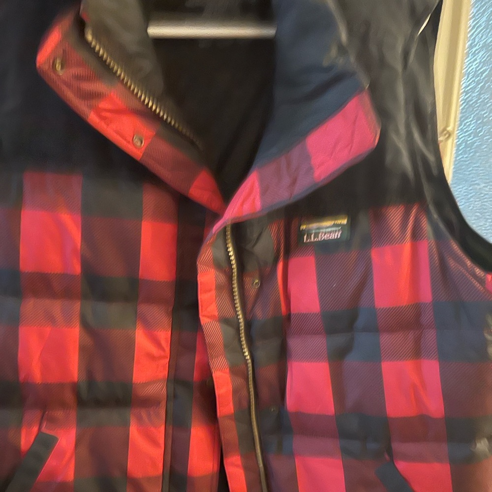 Women’s LL Bean down filled vest size XL in red/black Buffalo check print.